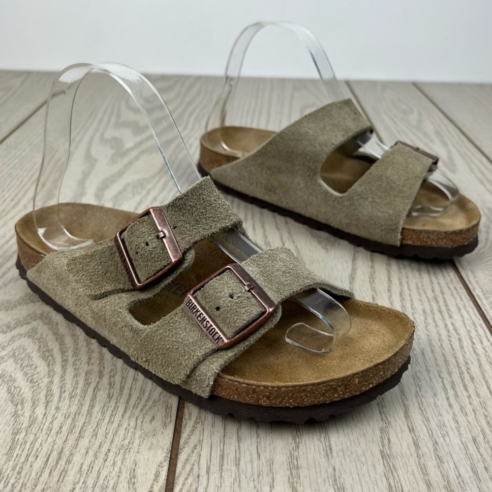Birkenstock Arizona Suede Double Buckle Strap Sandals 38/W7/M5 Taupe $125